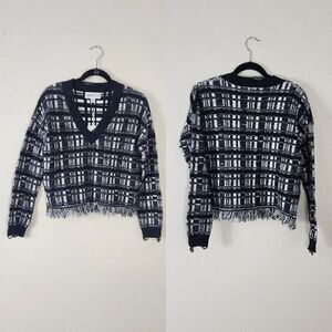 Wildfox Reese Ritzy Fringe Hem Sweater in Black and White NWT Size Small